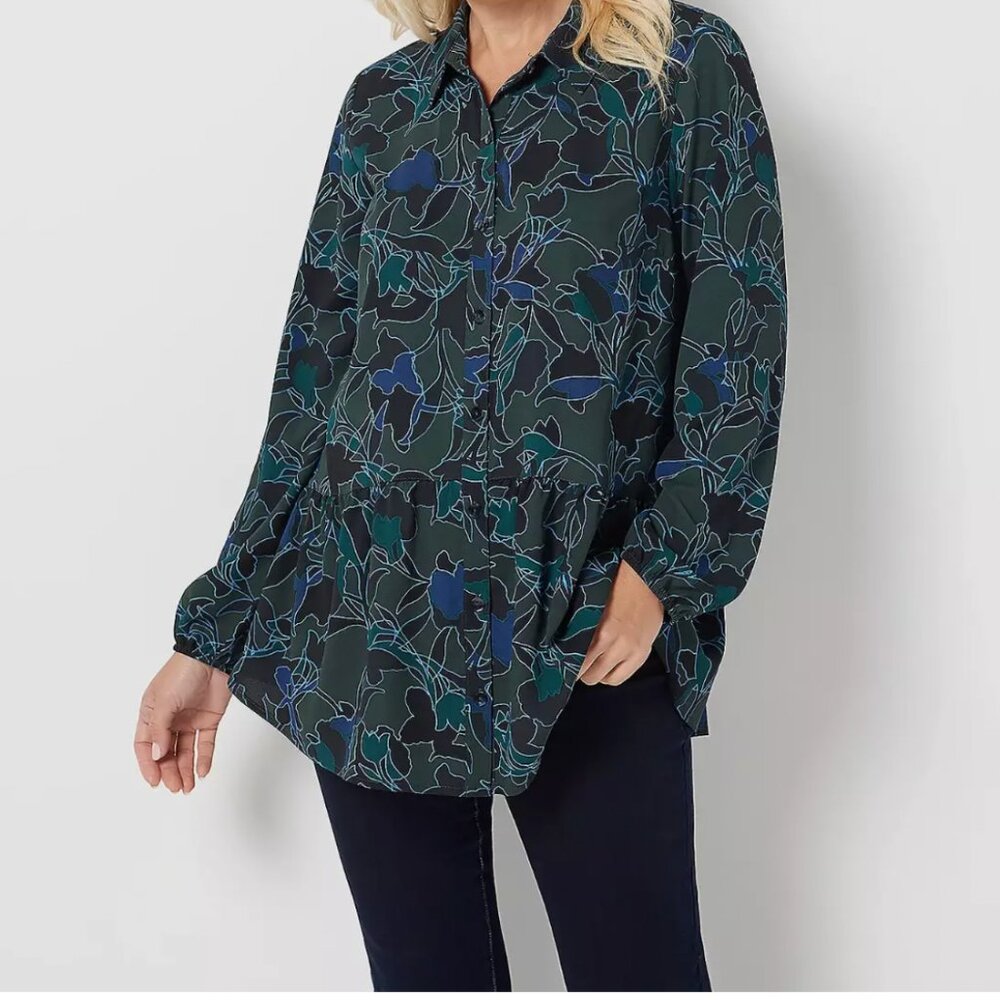 LOGO by Lori Goldstein Large L Green Stretch Woven Button Front Blouse Shirt Top